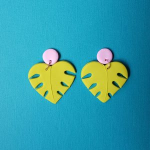 Bright Green Monstera drop earrings handmade from polymer clay