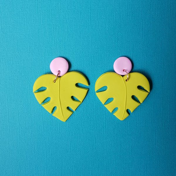 Bright Green Monstera drop earrings handmade from polymer clay