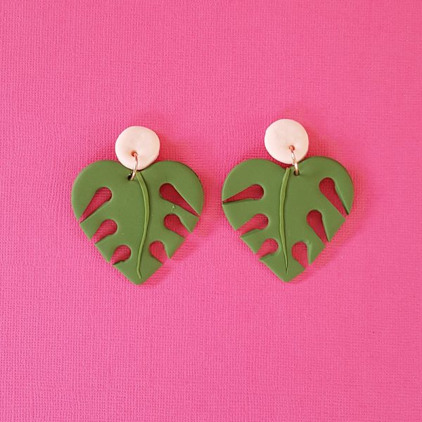 Olive Green Monstera drop earrings handmade from polymer clay
