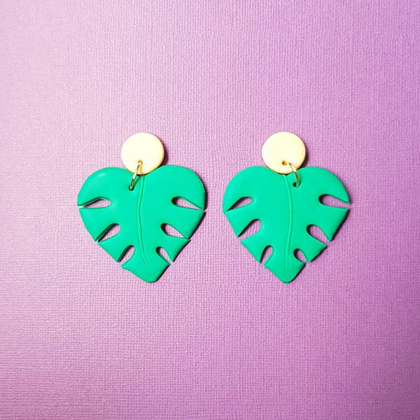 Teal Green Monstera drop earrings handmade from polymer clay