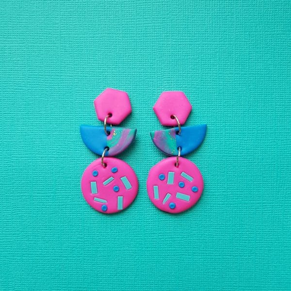 Pink and blue fun earrings handmade dangle
