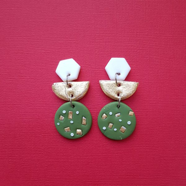 Olive Green and Gold Christmas earrings handmade