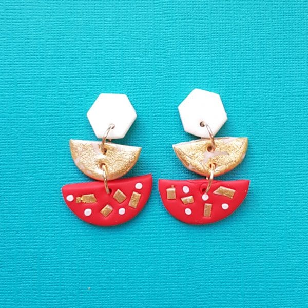 Christmas earrings handmade gold and red dangle