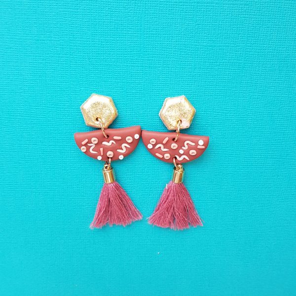 Handmade Dangle earrings with pink tassle and gold