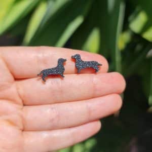 Black sausage dog earrings handmade.